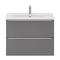 Ensemble salle de bains l.80 cm meuble à suspendre faible profondeur Imandra gris brillant + plan vasque céramique blanc