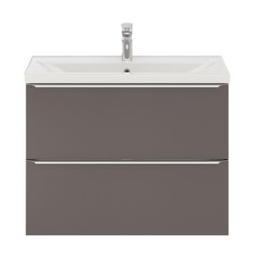 Ensemble salle de bains l.80 cm meuble à suspendre faible profondeur Imandra gris taupe brillant + plan vasque céramique blanc