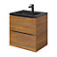 Ensemble salle de bains L.80 cm meuble à suspendre faible profondeur Imandra gris taupe brillant + plan vasque céramique noir