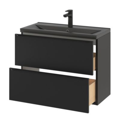 Ensemble salle de bains l.80 cm meuble à suspendre faible profondeur Imandra noir mat + plan vasque céramique noir