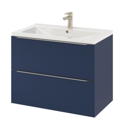 Ensemble salle de bains l.80 cm meuble à suspendre Imandra bleu nuit mat + plan vasque céramique blanc