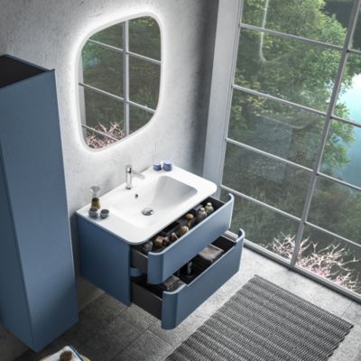 Ensemble salle de bains L. 84 cm meuble sous vasque bleu mat + plan vasque blanc brillant Alba