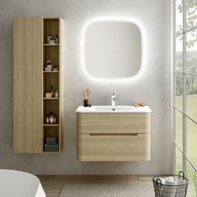 Ensemble salle de bains L. 84 cm meuble sous vasque décor bois natuel + plan vasque blanc brillant Alba