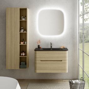 Ensemble salle de bains L. 84 cm meuble sous vasque décor bois natuel + plan vasque noir mat Alba