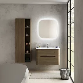 Ensemble salle de bains L. 84 cm meuble sous vasque décor noyer + plan vasque blanc brillant Alba