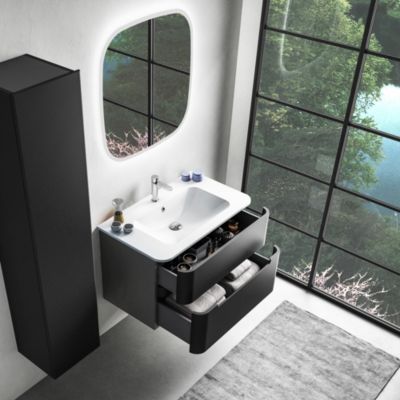 Ensemble salle de bains L. 84 cm meuble sous vasque noir mat + plan vasque blanc brillant Alba