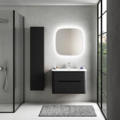 Ensemble salle de bains L. 84 cm meuble sous vasque noir mat + plan vasque blanc brillant Alba