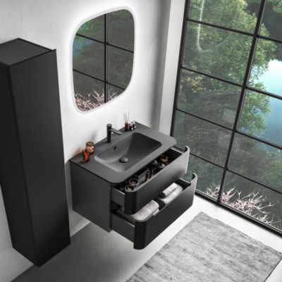Ensemble salle de bains L. 84 cm meuble sous vasque noir mat + plan vasque noir mat Alba