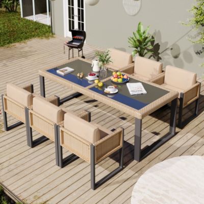 Ensemble salle à manger de jardin 6 places - 6 fauteuils et table - fer galvanisé - tissu amovible et lavable - beige
