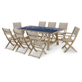 Ensemble salle à manger de jardin table en bois et céramique bleue 205x105 + 8 chaises bois et beige textile - Java Light