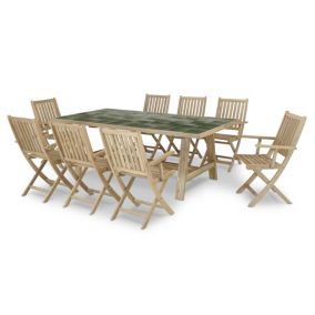 Ensemble salle à manger de jardin table en bois et céramique verte 200x100 + 8 chaises avec accoudoirs - Java Light