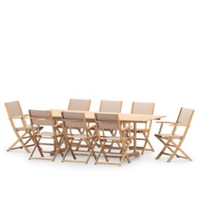 Ensemble salle à manger de jardin table extensible 180-240x100 + 8 chaises bois et textile beige - Java Light