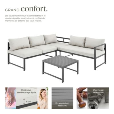 Ensemble salon aluminium gris robuste dossier réglable coussins hydrofuges 192x65x62cm table