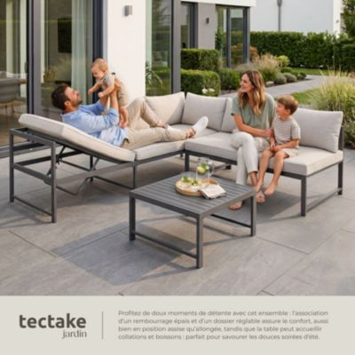 Ensemble salon aluminium gris robuste dossier réglable coussins hydrofuges 192x65x62cm table