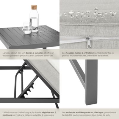 Ensemble salon aluminium gris robuste dossier réglable coussins hydrofuges 192x65x62cm table