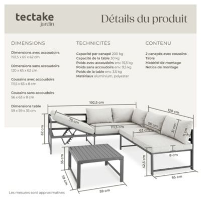 Ensemble salon aluminium gris robuste dossier réglable coussins hydrofuges 192x65x62cm table