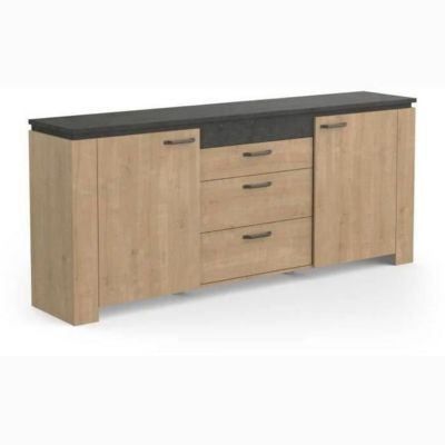 Ensemble Salon - AUSTIN - Table salle a manger 170x90 cm - Vitrine - Enfilade 2 portes - Chene Hamilton et gris