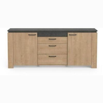 Ensemble Salon - AUSTIN - Table salle a manger 170x90 cm - Vitrine - Enfilade 2 portes - Chene Hamilton et gris
