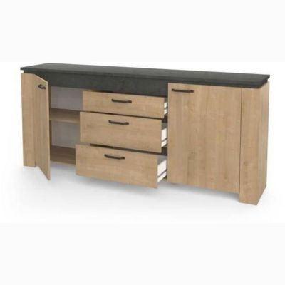 Ensemble Salon - AUSTIN - Table salle a manger 170x90 cm - Vitrine - Enfilade 2 portes - Chene Hamilton et gris