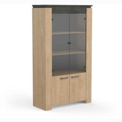 Ensemble Salon - AUSTIN - Table salle a manger 170x90 cm - Vitrine - Enfilade 2 portes - Chene Hamilton et gris