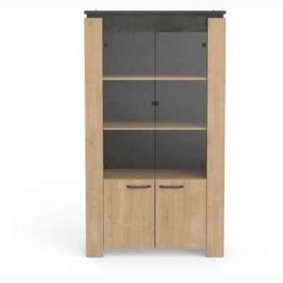 Ensemble Salon - AUSTIN - Table salle a manger 170x90 cm - Vitrine - Enfilade 2 portes - Chene Hamilton et gris