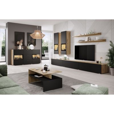 Ensemble salon complet RAMOS  Chene et noir  7 meubles avec LED multicolore intégrée