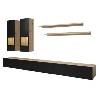 Ensemble salon complet RAMOS  Chene et noir  7 meubles avec LED multicolore intégrée