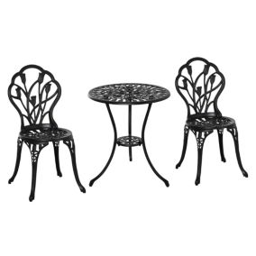 Ensemble salon de jardin 2 places 2 chaises + table ronde fonte d'aluminium imitation fer forgé noir