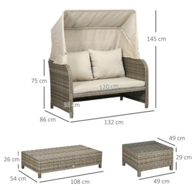 Ensemble salon de jardin 2 places 4 pcs - canapé, repose-pieds, 2 tables basses - coussins inclus - résine grise polyester kaki