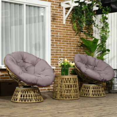 Ensemble salon de jardin 3 pièces - 2 fauteuils papasan, table basse - coussins taupe - résine tressée aspect rotin