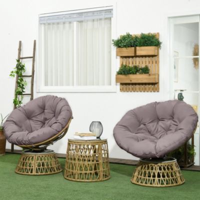 Ensemble salon de jardin 3 pièces - 2 fauteuils papasan, table basse - coussins taupe - résine tressée aspect rotin