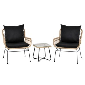 Ensemble salon de jardin 3 pièces style exotique 2 fauteuils avec coussins table basse résine tressée beige métal époxy noir