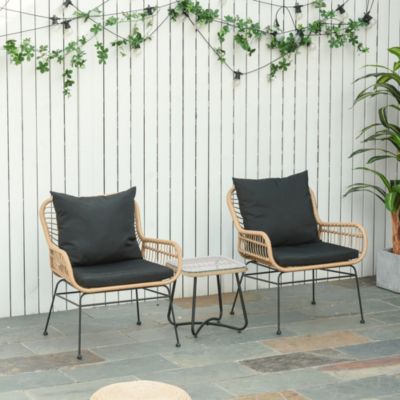 Ensemble salon de jardin 3 pièces style exotique 2 fauteuils avec coussins table basse résine tressée beige métal époxy noir