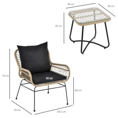 Ensemble salon de jardin 3 pièces style exotique 2 fauteuils avec coussins table basse résine tressée beige métal époxy noir