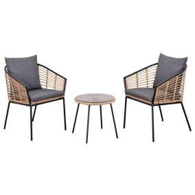 Ensemble salon de jardin 3 pièces style exotique 2 fauteuils coussins gris table basse résine aspect bambou métal époxy noir