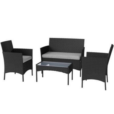 Ensemble salon de jardin 4 personnes 4 pièces résine tressée plateau verre trempé noir gris