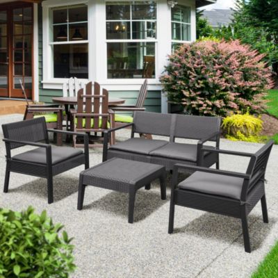 Ensemble salon de jardin 4 places 4 pcs style yachting coussins déhoussables table basse métal époxy résine tressée anthracite