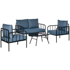 Ensemble salon de jardin 4 places 4 pièces style néo-rétro - coussins déperlants déhoussables - métal époxy noir polyester bleu