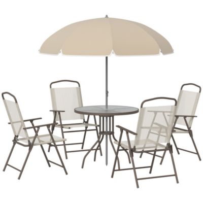 Ensemble Jardin 6 Pièces GOPLUS - 4 Chaises Pliantes Textilène, Table Verre Trempé, Parasol 180cm