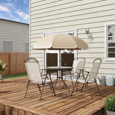 Ensemble salon de jardin 6 pcs - table ronde + 4 chaises pliables + parasol - acier époxy café textilène polyester beige