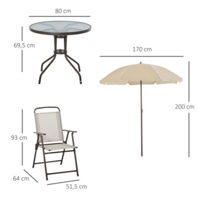 Ensemble salon de jardin 6 pcs - table ronde + 4 chaises pliables + parasol - acier époxy café textilène polyester beige