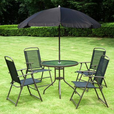 Ensemble salon de jardin 6 pcs - table ronde + 4 chaises pliables + parasol - acier époxy café textilène polyester noir