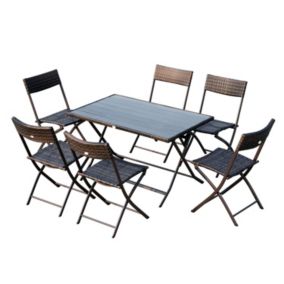 Ensemble salon de jardin 6 personnes grande table rectangulaire pliable + 6 chaises pliantes métal résine tressée PS chocolat