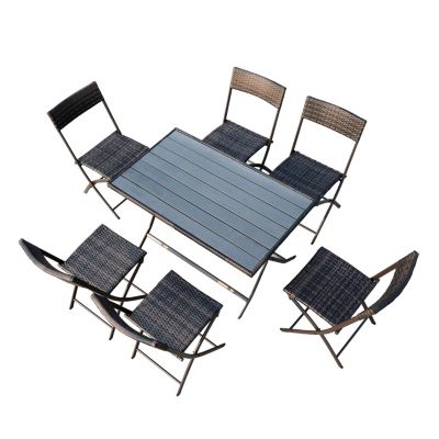 Ensemble salon de jardin 6 personnes grande table rectangulaire pliable + 6 chaises pliantes métal résine tressée PS chocolat