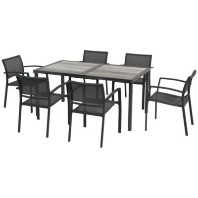 Ensemble salon de jardin 6 places 7 pièces avec table à manger acier textilène aspect bois gris