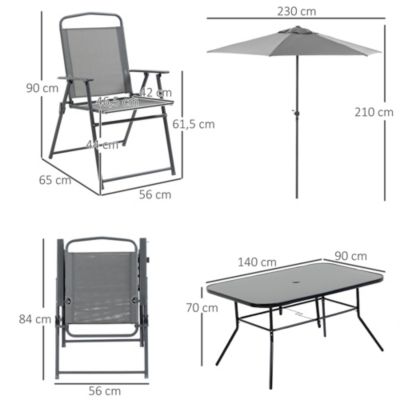 Ensemble salon de jardin 6 places 8 pièces - parasol, table, 6 chaises pliantes - métal époxy textilène polyester gris