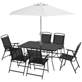 Ensemble salon de jardin 6 places 8 pièces - parasol, table, 6 chaises pliantes - métal époxy textilène polyester noir gris