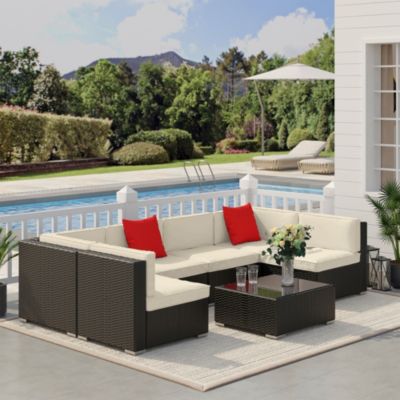 Ensemble salon de jardin 7 pcs modulables table basse plateau verre trempé coussins déhoussables résine tressée brun foncé