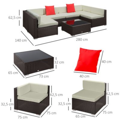 Ensemble salon de jardin 7 pcs modulables table basse plateau verre trempé coussins déhoussables résine tressée brun foncé