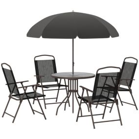 Ensemble Salon de Jardin Acier Textilène Beige - Table Ronde - 4 Chaises Pliables - Parasol - Terassse Extérieur